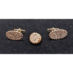 Vintage Woven Golden Metal Oval Cufflinks and Circle Lapel Pin 3 Piece Set Tack